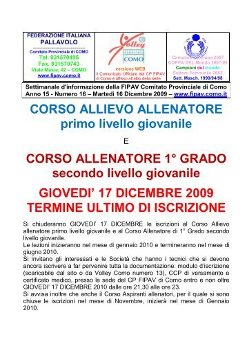 CORSO ALLIEVO ALLENATORE primo livello ... - FIPAV Como