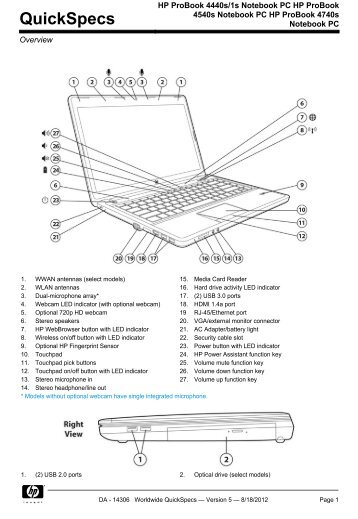 HP ProBook 4440s/1s Notebook PC HP ProBook 4540s Notebook ...