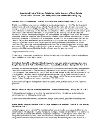 Annotated List of Articles Published in the Journal of Dam Safety ...