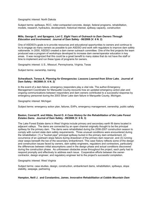 Annotated List of Articles Published in the Journal of Dam Safety ...