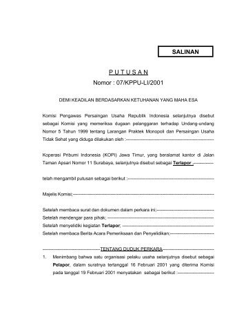 SALINAN P U T U S A N Nomor : 07/KPPU-LI/2001