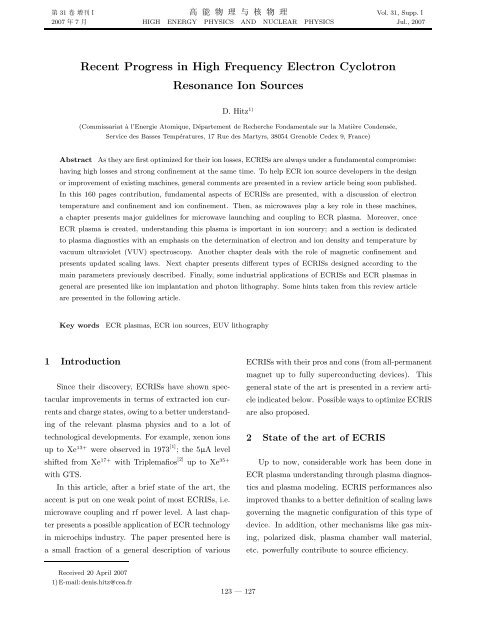 Recent Progress in High Frequency Electron Cyclotron Resonance ...