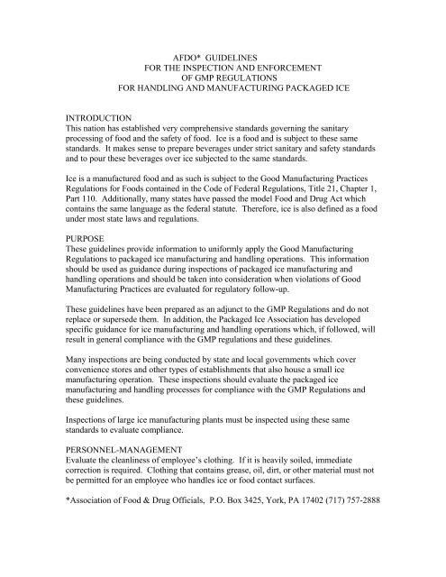 AFDO Guidelines for Handling and Manufacturing Packaged Ice