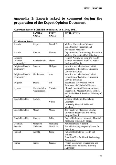 Newborn screening in Europe Expert Opinion document