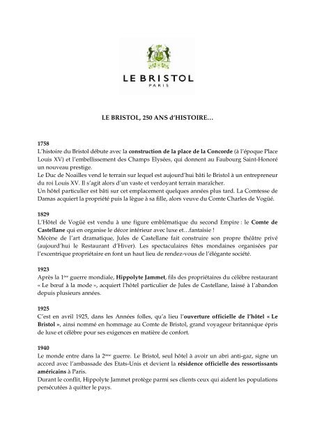 LE BRISTOL, 250 ANS d'HISTOIRE…