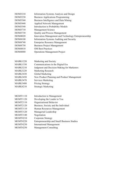 Courses offered in Fall 2011-12 â School of Business & Management