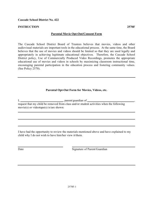 2570F Parental Opt-Out/Consent Form Re - Cascade School District