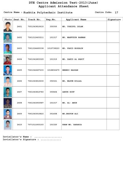 DTE Centre Admission Test-2013(June) Applicant Attendance Sheet