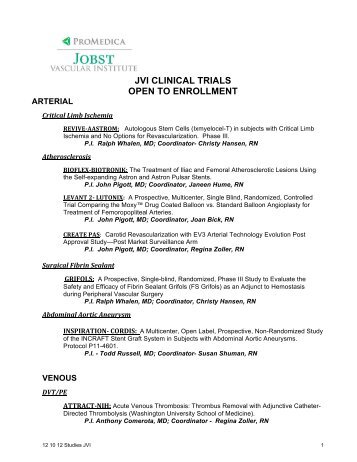 JVI CLINICAL TRIALS OPEN TO ENROLLMENT - ProMedica