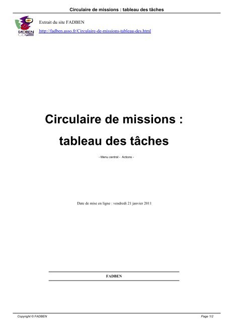 Circulaire de missions : tableau des tÃ¢ches - Fadben