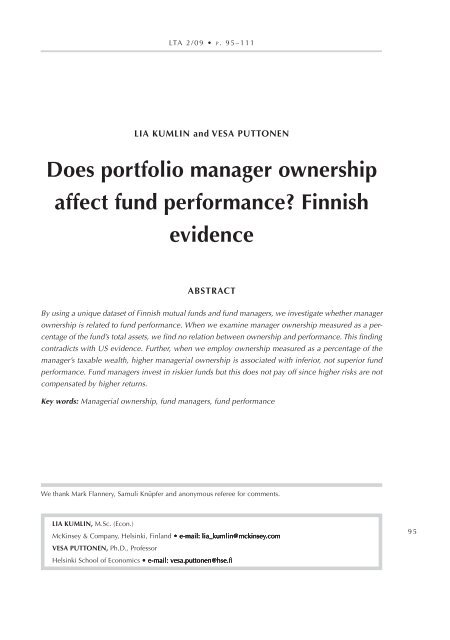 Does portfolio manager ownership affect fund performance ... - LTA