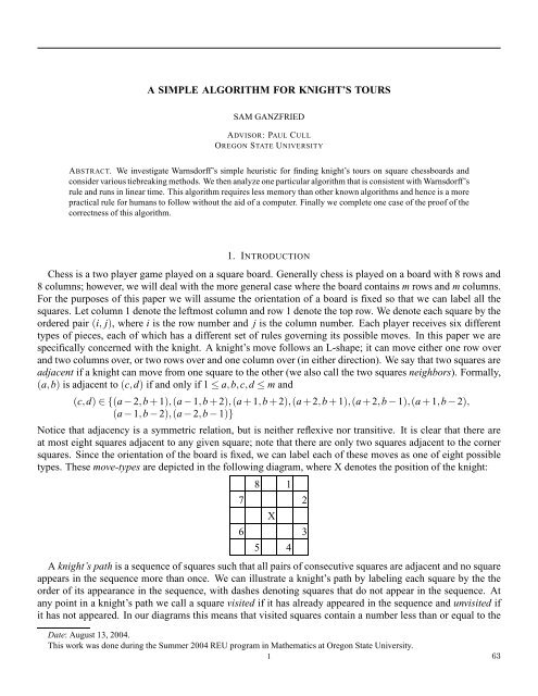 A SIMPLE ALGORITHM FOR KNIGHT'S TOURS Chess is a two ...