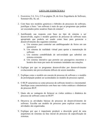 LISTA DE EXERCÃCIOS I 1. ExercÃ­cios 2.4, 2.6 e 2.9 na pÃ¡gina 28 ...