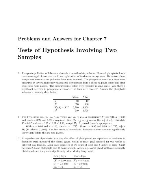 Tests of Hypothesis Involving Two Samples