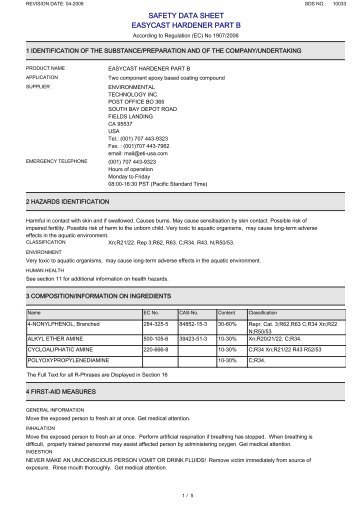 safety data sheet easycast hardener part b - Environmental ...