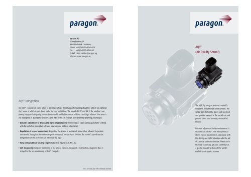 AQSÂ® (Air Quality Sensor) AQSÂ® Integration - paragon AG