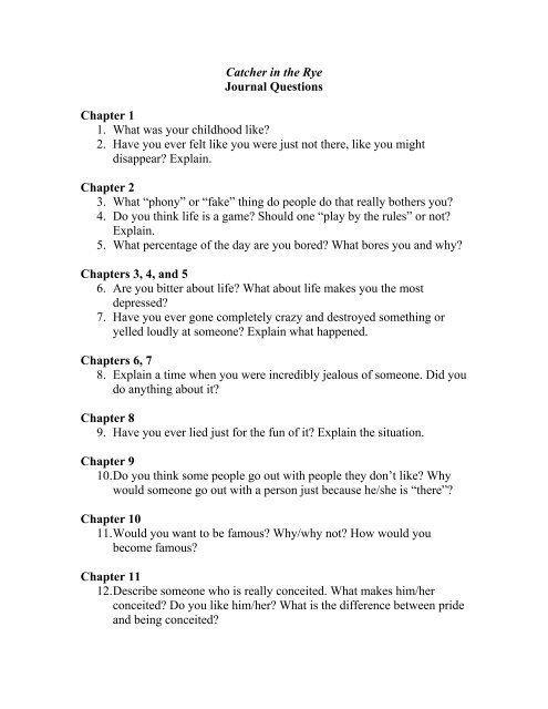 Catcher in the Rye Journal Questions Chapter 1 1. What was your ...