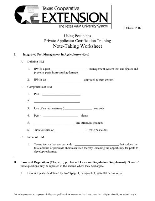 Private Applicator Note Taking worksheet - Sutton County