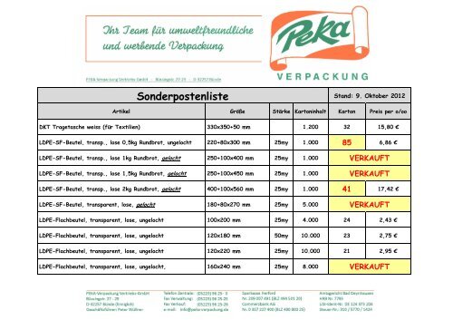 Sonderpostenliste - PEKA-Verpackung, HDPE-Tragetaschen, LDPE ...