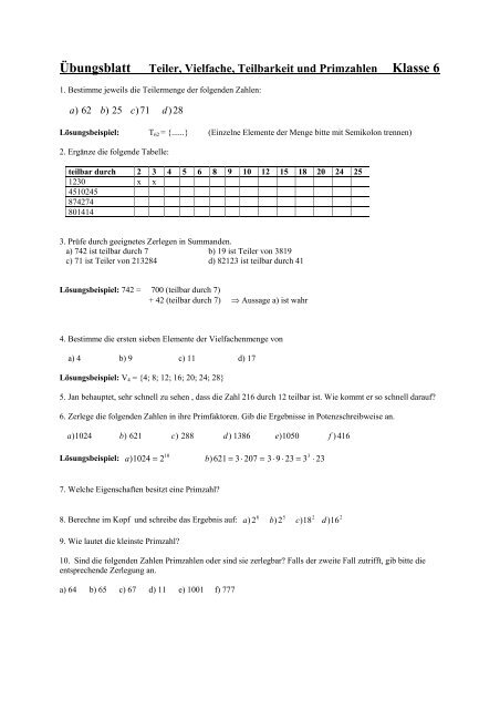 Ãbungsblatt Teiler, Vielfache, Teilbarkeit und Primzahlen Klasse 6