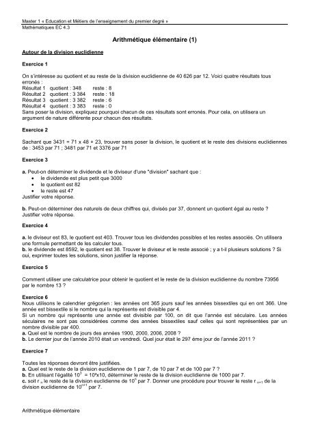 TD-arithmÃ©tique Ã©lÃ©mentaire (1) : cours du 14/03/2011 - IUFM