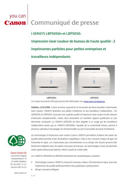 i-SENSYS LBP5050n et LBP5050: Impression laser couleur ... - Canon