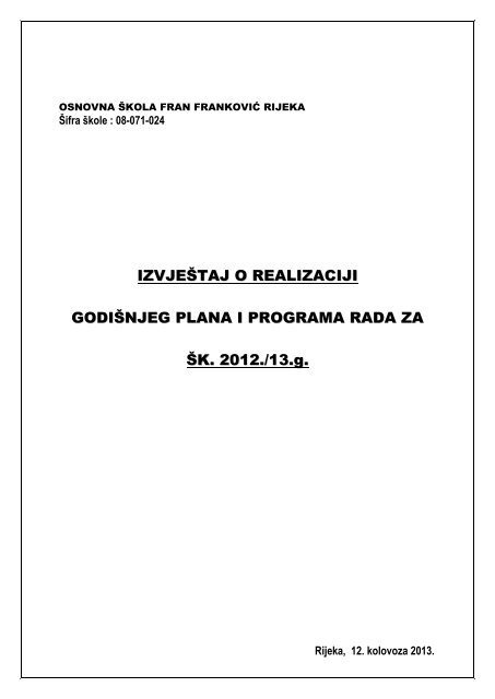 Izvješće o realizaciji - Fran Franković