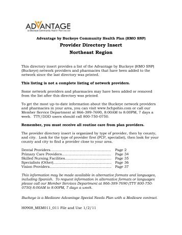 Provider Directory Insert Northeast Region - Medicare Advantage