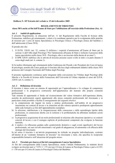 regolamento tirocinio pre e post lauream corsi di - Psicologia Urbino ...
