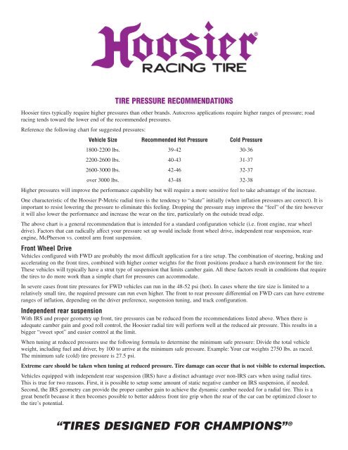 tires designed for champions - Hoosier Racing Tire