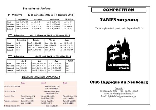 Tarifs Compétition - Club hippique de Neubourg