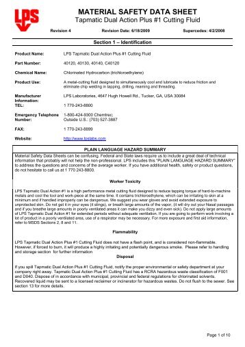 LPS Tapmatic Dual Action Plus Cutting Fluid MSDS - Gallaway ...