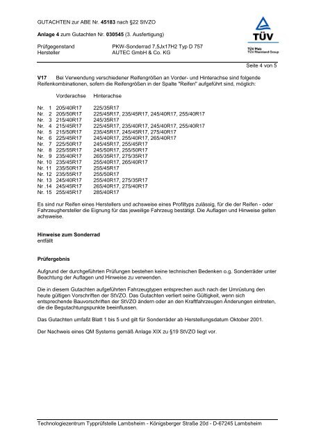 ABE + Teilegutachten D 757 - AUTEC GmbH & Co. KG