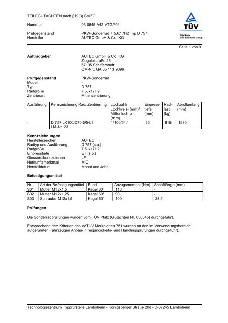 ABE + Teilegutachten D 757 - AUTEC GmbH & Co. KG