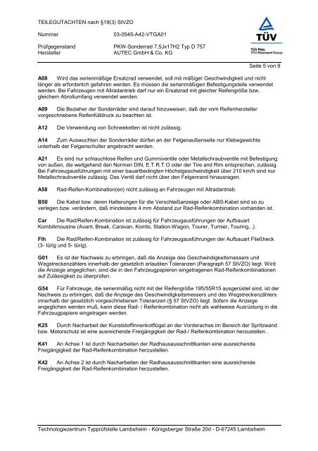 ABE + Teilegutachten D 757 - AUTEC GmbH & Co. KG