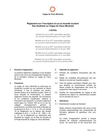 Règlement sur l'inscription et sur la réussite scolaire Des étudiants ...