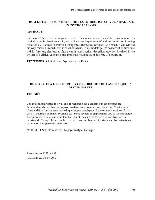 DA ESCUTA Ã ESCRITA: a construÃ§Ã£o do caso clÃ­nico em psicanÃ¡lise