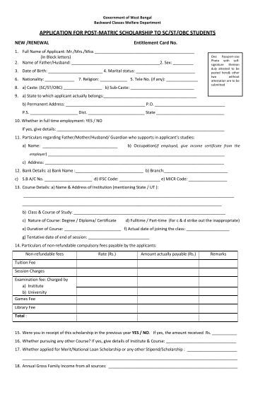 what scholarship post matric SC/ST/OBC Application for (English) Certificate Form