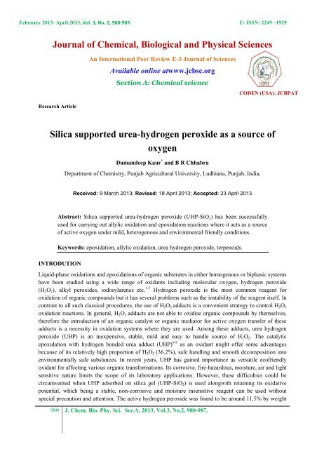 Silica supported urea-hydrogen peroxide as a source of oxygen