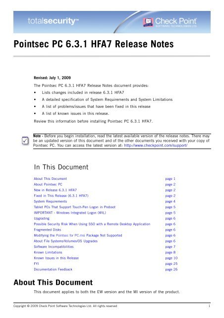 Pointsec PC 6.3.1 HFA7 Release Notes - Check Point