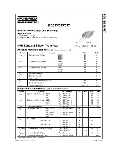 BD533/535/537 NPN Epitaxial Silicon Transistor