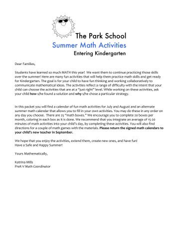 Kindergarten Summer Math Calendar - The Park School
