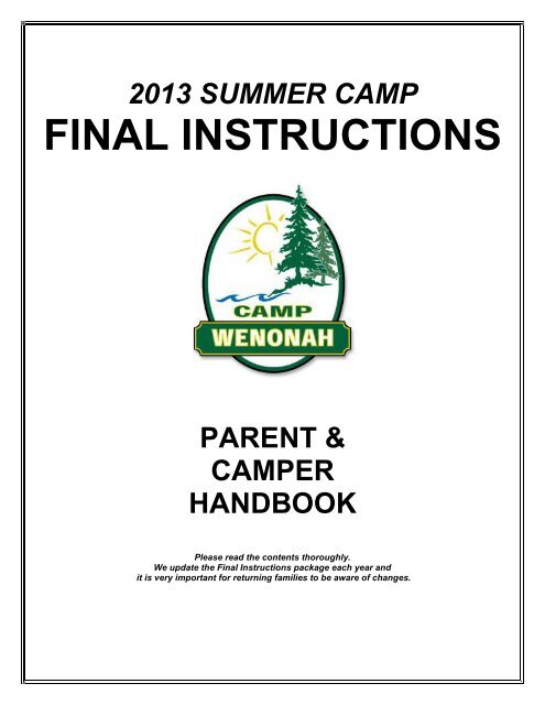 Parent & Camper Handbook - Camp Wenonah