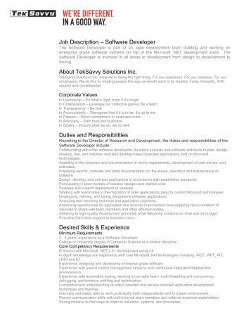 job description software developer about teksavvy solutions inc - Responsibilities Of A Software Engineer job description software developer about teksavvy solutions inc - Responsibilities Of A Software Engineer