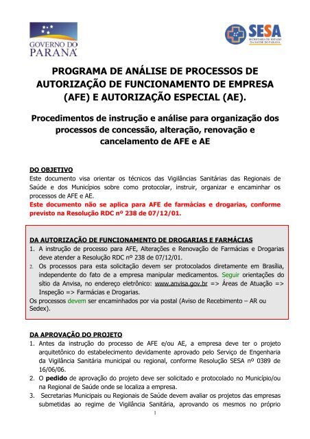 (AFE) E AUTORIZAÃÃO ESPECIAL (AE). - Secretaria da SaÃºde