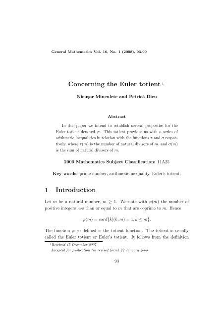 Concerning the Euler totient 1 1 Introduction