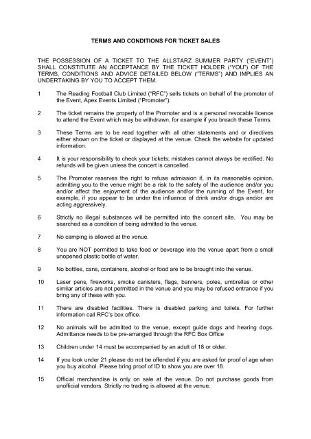 TERMS AND CONDITIONS FOR TICKET SALES THE ... - Reading FC