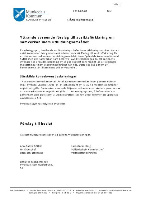 Remiss Fyrbodals kommunalfÃ¶rbund om avsiktsfÃ¶rklaring ...