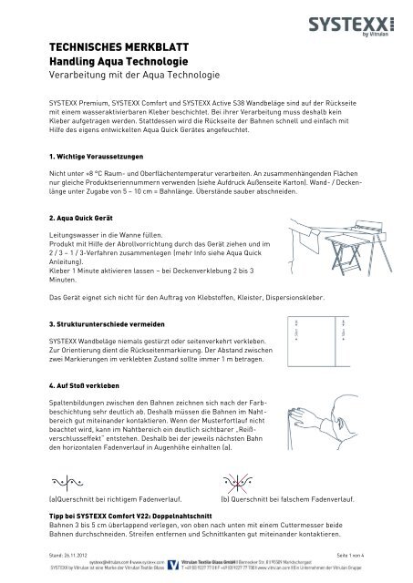 TECHNISCHES MERKBLATT Handling Aqua Technologie - SYSTEXX