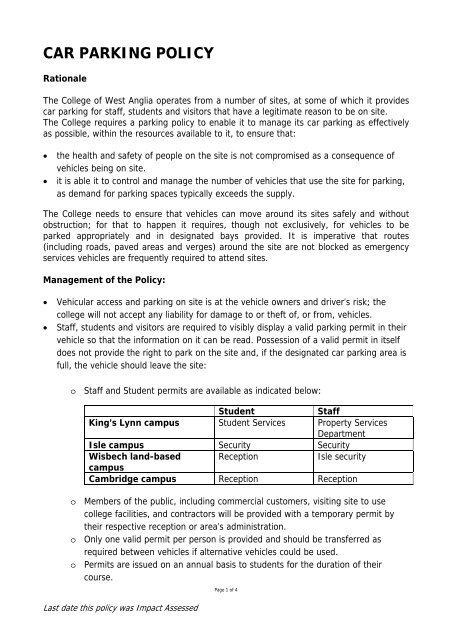 CAR PARKING POLICY - The College of West Anglia